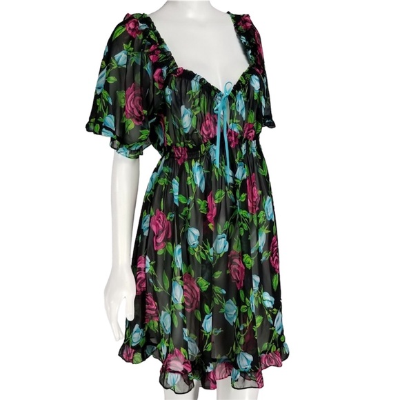 Betsey Johnson Intimates Black Floral Sheer Babydoll Nightgown Dress Size Medium - Picture 2 of 5